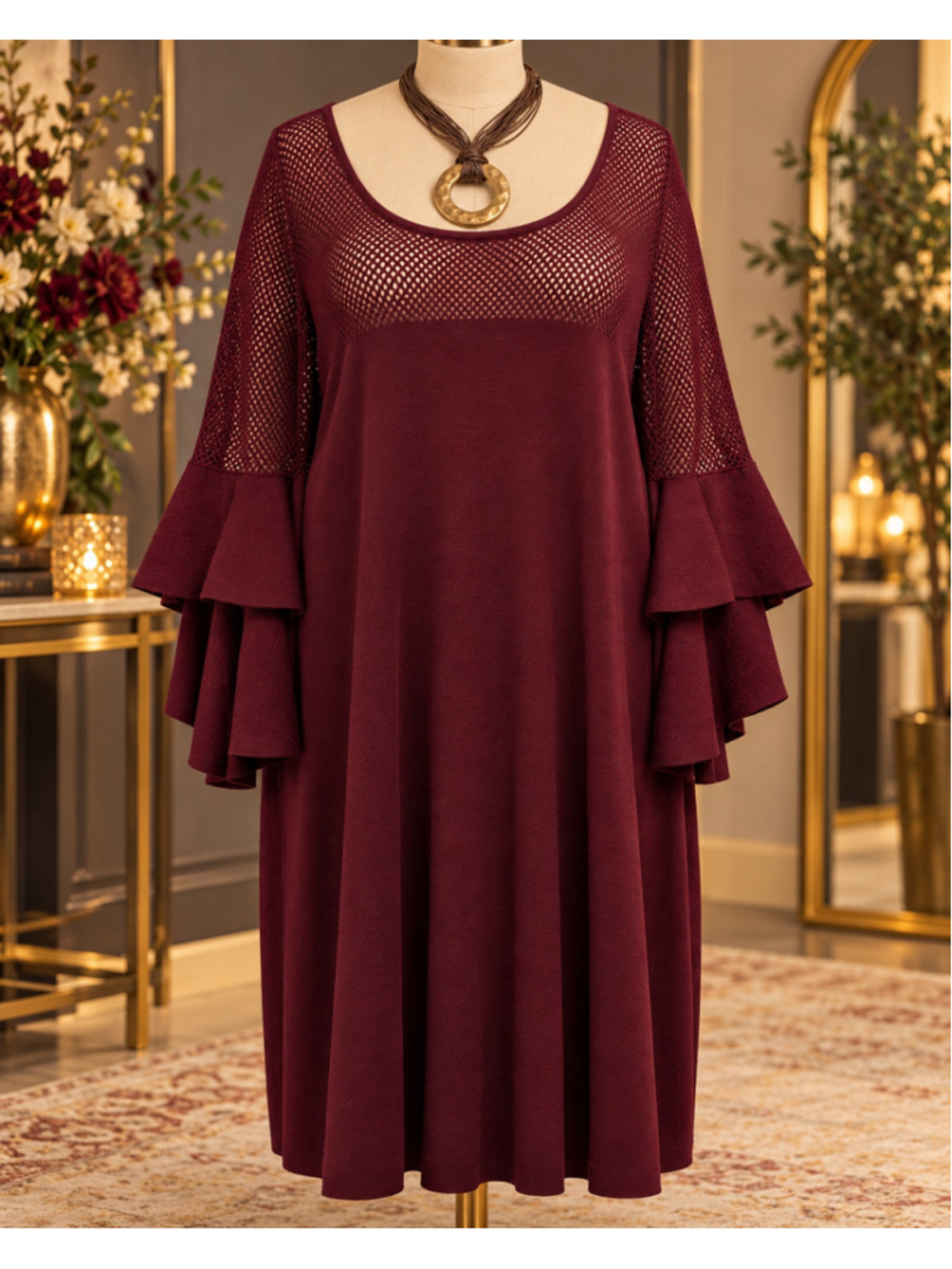 Lane Bryant Burgundy Sweater Dress Mesh Double Bell Sleeve Plus Size 22/24